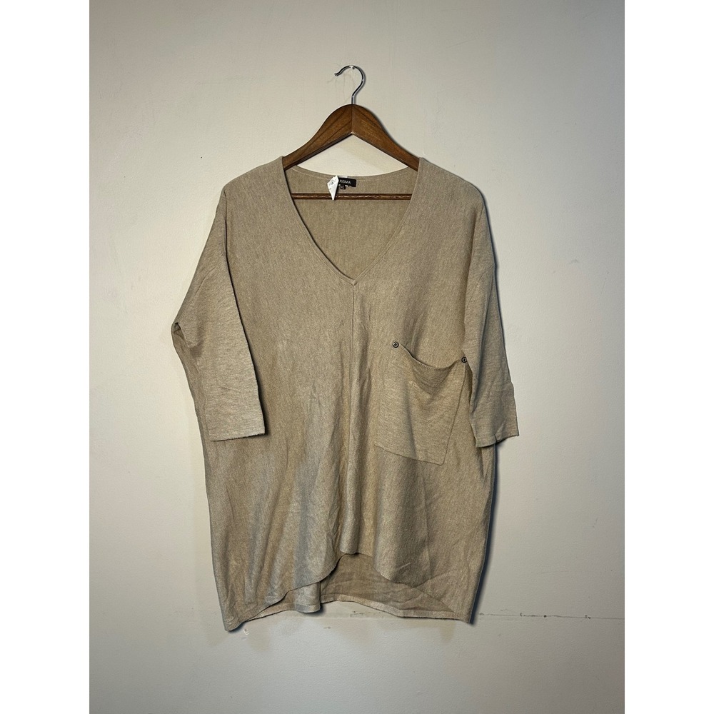Roma Womens Beige V-Neck Oversized Knit Sweater 3/4 Sleeve L minimalist